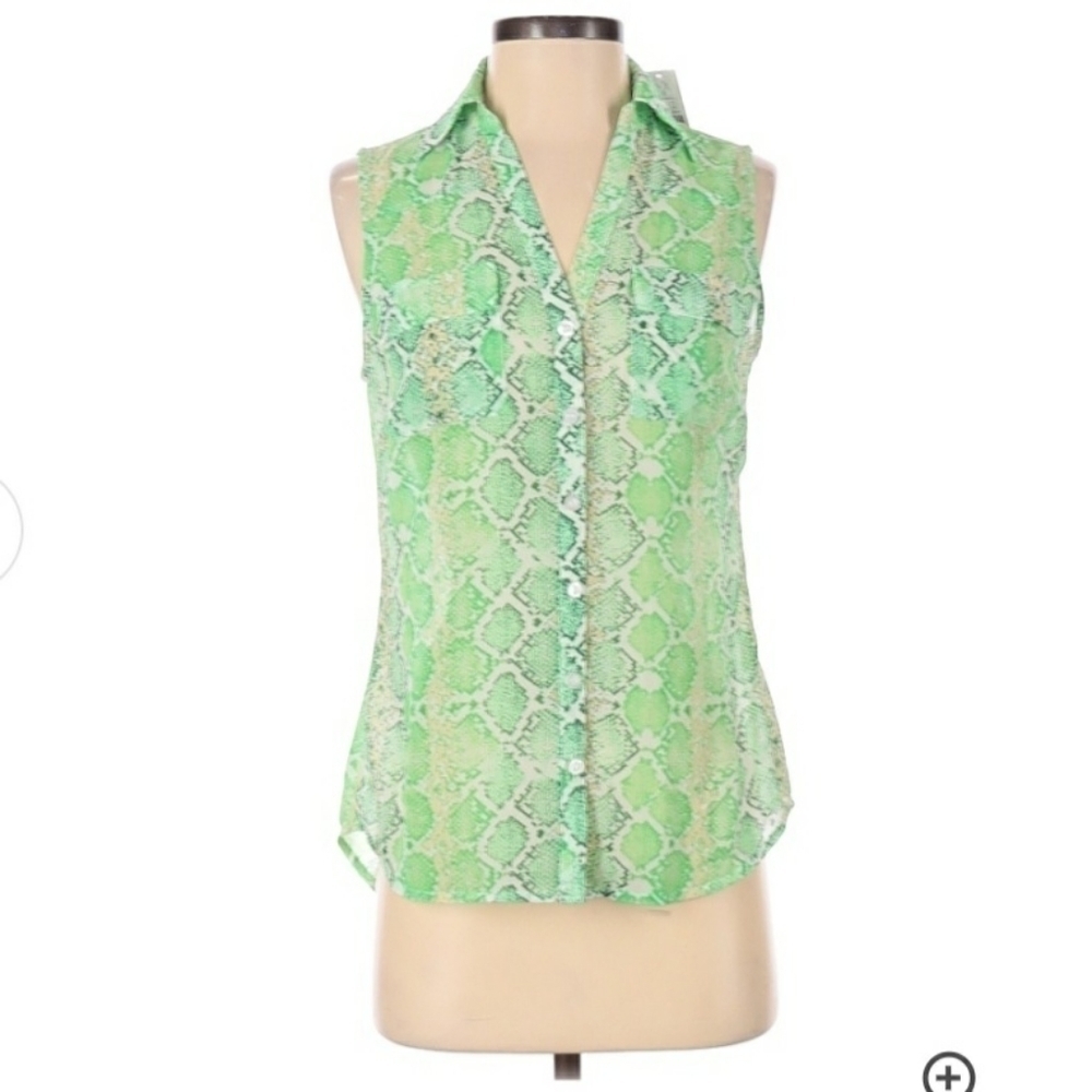 New York & Company Sleeveless Top Blouse Green White Snakeskin Print Women's XS